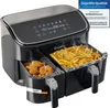 A dual-chamber air fryer with french fries in one chamber and fried chicken pieces in the other, viewed from the front-side. Anteprima dell’immagine prodotto