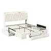 A white upholstered bed frame with a diamond-stitched headboard, shown with two of its three storage drawers pulled out. Podgląd zdjęcia produktu