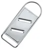 A stainless steel grater with two rectangular slots and a curved handle, presented on a white background. Produktbild-Vorschau