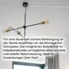 A close-up view of a modern chandelier hanging from a white ceiling, with text overlay describing its mounting features. Produktbild-Vorschau