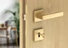 A close-up view of a golden door handle and lock mechanism on a wooden door. The background shows a blurred interior scene with furniture and plants. Produktbild-Vorschau