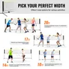 A collage showing different sizes of portable badminton nets and people playing badminton with them. Produktbild-Vorschau