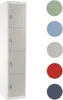 A tall, narrow metal locker with four compartments is shown against a white background. To the right of the locker are five colored circles representing color options. Náhľad obrázku produktu