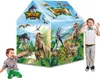 Two children interacting with a dinosaur-themed play tent. Podgląd zdjęcia produktu
