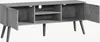 A gray TV stand with two open doors and two shelves, shown from a diagonal angle. Podgląd zdjęcia produktu