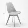 A white chair with wooden legs is shown with dimensions indicated by lines and text. Anteprima dell’immagine prodotto