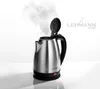 A silver electric kettle with its lid open, emitting steam. The product is placed on a white reflective surface, with a logo and text on the right side. Anteprima dell’immagine prodotto