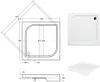A collage of technical drawings and photographs of a square shower tray. Produktbild-Vorschau