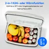 An open portable cooler box filled with fruits and cans, with text describing its functions. Produktbild-Vorschau