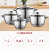 A set of stainless steel pots and pans displayed on a wooden surface, with text indicating different capacities below. Náhled obrázku produktu