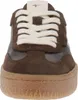 A close-up front view of a brown sneaker with white laces. Produktbild-Vorschau