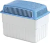 A white and blue dehumidifier with a slatted top. Produktbild-Vorschau