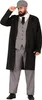 A man wearing a vintage-style gangster outfit, including a long black coat, grey waistcoat, grey trousers, white shirt, black tie, and a grey flat cap. Produktbild-Vorschau