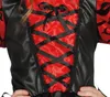 Close-up of a child's costume bodice, showing red fabric with black lacing and trim. Anteprima dell’immagine prodotto