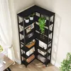 A black corner bookshelf with several shelves filled with decorative items and books, placed in a room with a window and curtains. Náhled obrázku produktu