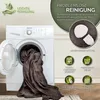 A washing machine with a brown blanket being loaded into it, alongside marketing text and icons. Produktbild-Vorschau