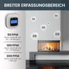 A CO detector is shown next to a fireplace, with diagrams illustrating CO levels and alarm times. Voir les images du produit