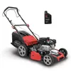 A Scheppach petrol lawnmower and a bottle of motor oil are displayed against a white background. Produktbild-Vorschau