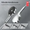A close-up marketing image of a modern chrome shower head with water spraying, accompanied by smaller inset images showing different spray patterns. Text highlights its stylish design and award-winning status. Anteprima dell’immagine prodotto