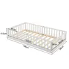 A white wooden bed frame with safety rails and dimensions indicated by measurement lines and text. Anteprima dell’immagine prodotto