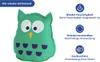 A green owl-shaped dehumidifier with text and icons describing its features. Produktbild-Vorschau