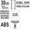 A collage of icons and text describing the features of a measuring tape. Náhled obrázku produktu
