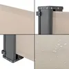 A collage of four close-up images showing details of a beige retractable side awning, including its fabric, frame, and water-repellent surface. Produktbild-Vorschau