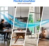 Collage of different indoor settings showing versatility, with blue light effects suggesting airflow or connectivity. Produktbild-Vorschau