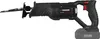 A black cordless reciprocating saw with a battery attached, shown against a white background. Produktbild-Vorschau