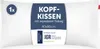 A white pillow with a dark blue label and text. Produktbild-Vorschau