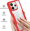 A hand holding a red and clear phone case with icons and text describing its features. Produktbild-Vorschau