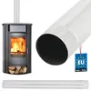 A wood-burning stove with a flue pipe and a separate flue pipe shown. A 'Made in EU' tag is attached to one of the flue pipes. Náhled obrázku produktu