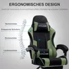 A green and black gaming chair with text overlays highlighting its ergonomic features. Produktbild-Vorschau