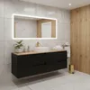 A modern bathroom vanity with a black cabinet, wooden countertop, and a white sink. Anteprima dell’immagine prodotto