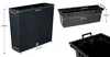 A collage of images showing a black planter with dimensions and a close-up of its interior. Produktbild-Vorschau