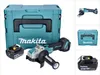 A collage of images showing a Makita angle grinder, its battery, and its storage case. Produktbild-Vorschau