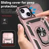 A hand is holding a rose gold iPhone case with a sliding camera cover and a ring holder. The image highlights the features of the case. Produktbild-Vorschau