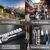 A collage of four images showing a toolset, people cycling, and a mechanic working on a motorcycle. Produktbild-Vorschau
