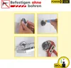 Collage showing the installation process of a bathroom accessory using adhesive mounting. Produktbild-Vorschau