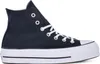 A black Converse Chuck Taylor All Star Lift Hi sneaker with a white platform sole and white laces, shown from the side against a white background. Voir les images du produit