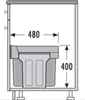 A diagram showing the dimensions of a pull-out trash bin system within a cabinet. Anteprima dell’immagine prodotto