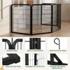 A multi-panel image showing a black metal pet playpen set up in a room, with close-up shots of its features. Podgląd zdjęcia produktu
