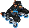 A pair of black and blue inline skates with orange accents, shown from a diagonal angle against a white background. Produktbild-Vorschau