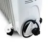 A close-up view of the bottom part of a white electric oil radiator, showing its wheel and the cord storage. Podgląd zdjęcia produktu