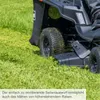 A close-up view of a ride-on lawnmower in a grassy field, with text overlay describing its features. Produktbild-Vorschau