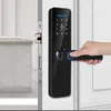 A hand is shown using a smart door lock with a keypad and fingerprint scanner. Produktbild-Vorschau