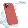A red iPhone case is shown with water splashing around it, suggesting it is water-repellent. Produktbild-Vorschau