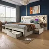 A bedroom scene featuring a large bed with storage drawers, bedside tables, and decorative elements. Náhled obrázku produktu