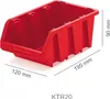 A red storage bin with dimensions indicated by lines and text. Produktbild-Vorschau