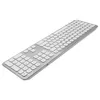 A silver and white wireless keyboard is shown from a diagonal angle against a white background. Produktbild-Vorschau